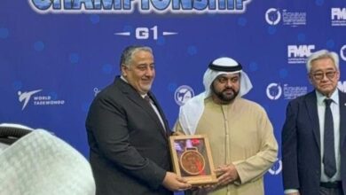 صورة تكريم ولي عهد إمارة الفجيرة سمو الشيخ محمد بن حمد الشرقي خلال كأس العرب للتايكوندو 